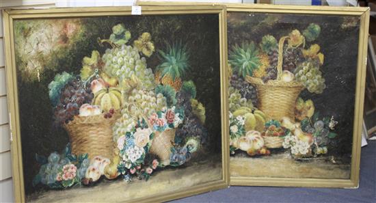 English School c.1900, pair of oils on canvas, Still lifes of fruit and flowers, 70 x 90cm